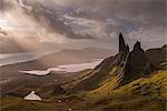 Dramatic morning light at the Old Man of Storr on the Isle of Skye, Inner Hebrides, Scotland, United Kingdom, Europe