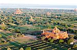 Early morning sunshine over the terracotta temples of Bagan, the Irrawaddy river in the distance, Bagan (Pagan), Mandalay Division, Myanmar (Burma), Asia