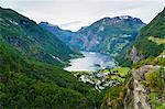 High view of Geiranger and Geirangerfjord, UNESCO World Heritage Site, Norway, Scandinavia, Europe