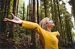 Beautiful blonde woman with arms outstretched in the woods