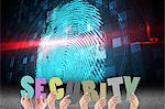 Hands holding security letter on fingerprint background