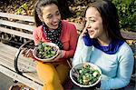 Young adult female twins sitting on park bench chatting on smartphone and eating lunch