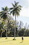 Rear view of female tourist strolling near palm trees, Hana, Hawaii, USA