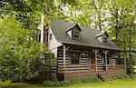 Brown with green trim Canadian cottage style log home