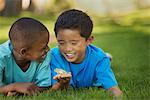 Two boys on the grass, one holding a frog in his hand.