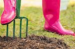 Woman wearing pink rubber boots working in the garden with a pitch fork