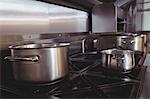 Pots and pans on stove top in commercial kitchen