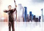 Businessman with bow and city view background