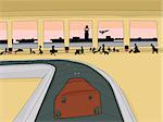 Point of view cartoon of single suitcase on baggage carousel