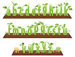 Environment friendly small English alphabets from a to z. With beetles and mushrooms.