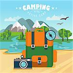 Vector flat illustration with backpack, camera and compass. Nature background with river, forest, mountains and hills. Outdoor activities. Camping