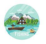 Fisherman on a boat catching a big fish. Mountain landscape with trees and an ecology home. Outdoor recreation and relaxing. Vector illustration in flat style.