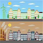 View of ecological city and city with a pollution. Also available as a Vector in Adobe illustrator EPS 8 format, compressed in a zip file.