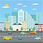 View of a city in the summer and road with cars. Also available as a Vector in Adobe illustrator EPS 8 format, compressed in a zip file.