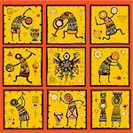 Collection of 9 patterns with African ethnic patterns of yellow, orange, black and red color