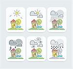 Set of Colored Weather Forecast icons with house, car and tree outdoors in thin flat style.  Elements for UI design on white background.