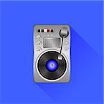 Old Turntable with Vinyl Record Icon Isolated on Blue Background