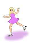 A blond girl, in a purple dress, dancing with ice skates.