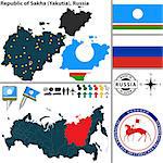 Vector map of Republic of Sakha (Yakutia) with coat of arms and location on Russian map