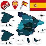 Vector map of Spain with named communities and travel icons