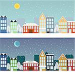 View of city in the winter at day and at night. Also available as a Vector in Adobe illustrator EPS 8 format.