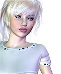 Digitally rendered image of a blond girl in white outfit.