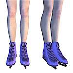 Digitally rendered image of a female legs in violet ice skates on white background.