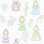 Seamless background with vector sketches with happy little princesses and flowers. Sketch on notebook page