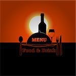 Vector illustration of a restaurant menu cover template sunset or sunrise with shadow fork, knife, spoon and glass with a bottle.