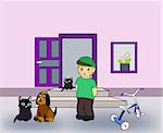 A street with a little boy, a dog, a cat and a tricycle.