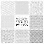 Set of Eight Abstract Hand Drawn Sketched Geometric Monochrome Black Seamless Background Patterns. Dots, Sands, Lines, Things. Vector Illustration
