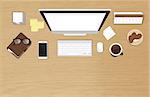 Realistic work desk organization with white screen blank. Top view with textured table, computer with keyboard, smartphone, stickers, glasses, diary and coffee mug.