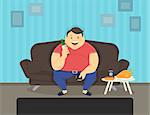 Fat man sitting at home on the sofa watching tv and drinking beer. Flat illustration of unhealthy lifestyle and resting at home