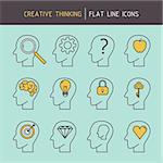 Flat line creative thinking human head icons of problem solving, goal targeting, achieving, creativity, strategic planning and learning.