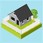 Isometric 3D icon. Pictograms house with a white fence and trees. Vector illustration eps 10.