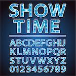 Vector blue neon lamp letters font show cinema and theather