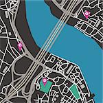 Vector flat abstract city map with pin pointers and infrastructure icons, dark colors