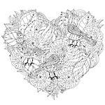 flowers in heart shape with birds. Zentangle interpretation. Black and white. Vector illustration. The best for your design, textiles, posters, coloring book or Valentines Day card