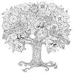flowers  tree and birds. Zentangle interpretation. Black and white. Vector illustration. The best for your design, textiles, posters, coloring book
