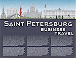 Saint Petersburg skyline with grey landmarks and copy space. Business travel and tourism concept with historic buildings. Image for presentation, banner, placard and web site. Vector illustration