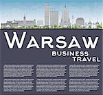 Warsaw skyline with grey buildings, blue sky and copy space. Vector illustration. Business travel and tourism concept with modern buildings. Image for presentation, banner, placard and web site.