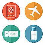 Travel icons flat vector set: passport, plane, ticket and luggage bag