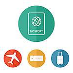 Travel icons flat vector: passport, plane, ticket and luggage bag