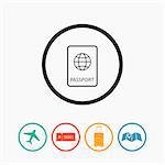 Travel icons flat vector set: passport, plane, ticket, map pointer and luggage bag
