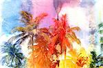 beautiful watercolor painting of colorful retro palms