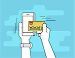 Mobile banking. Flat line contour illustration of human hand paying by credit card from his smartphone