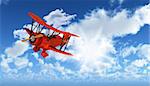 3D figure flying biplane in blue sky background with fluffy white clouds