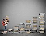 Child with backpack climbs a books scale