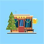 Beer Shop Front in Christmas. Flat Vector Illustration