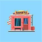 Candy Shop Front window buildings. Flat Vector Illustration